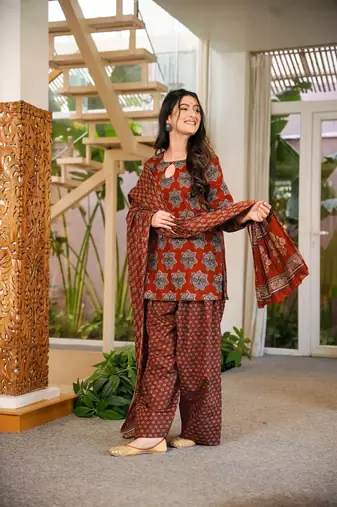 Floral printed pure cotton round neck kurta trouser & dupatta set
