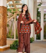 Floral printed pure cotton round neck kurta trouser & dupatta set
