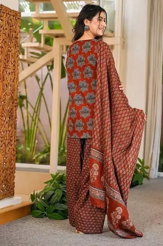 Floral printed pure cotton round neck kurta trouser & dupatta set