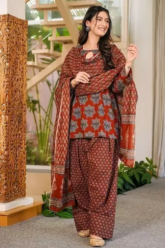 Floral printed pure cotton round neck kurta trouser & dupatta set
