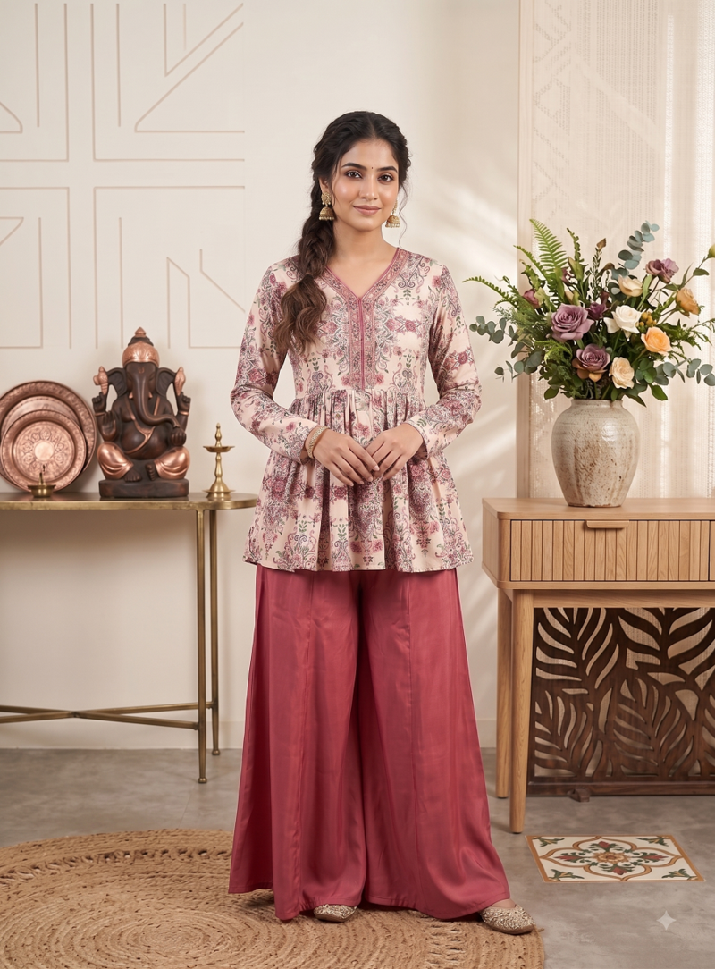 Rust red floral printed peplum kurti with matching flared palazzo set