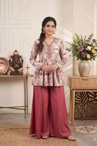 Rust red floral printed peplum kurti with matching flared palazzo set