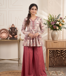 Rust red floral printed peplum kurti with matching flared palazzo set