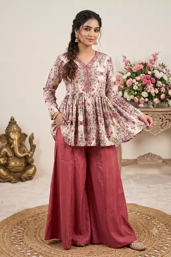 Rust red floral printed peplum kurti with matching flared palazzo set