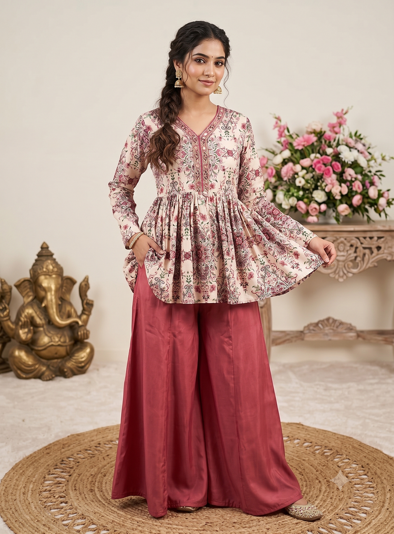 Rust red floral printed peplum kurti with matching flared palazzo set