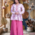 Dusty pink floral printed short kurti set with wide-leg flared palazzo