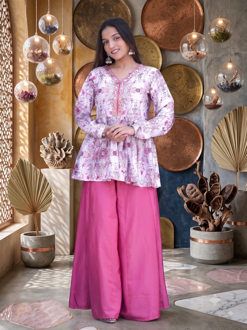 Dusty pink floral printed short kurti set with wide-leg flared palazzo