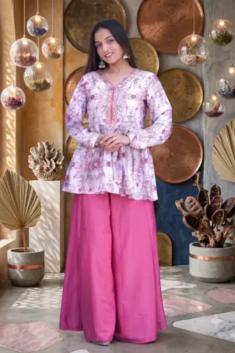 Dusty pink floral printed short kurti set with wide-leg flared palazzo