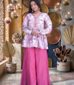 Dusty pink floral printed short kurti set with wide-leg flared palazzo