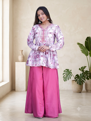 Dusty pink floral printed short kurti set with wide-leg flared palazzo 1