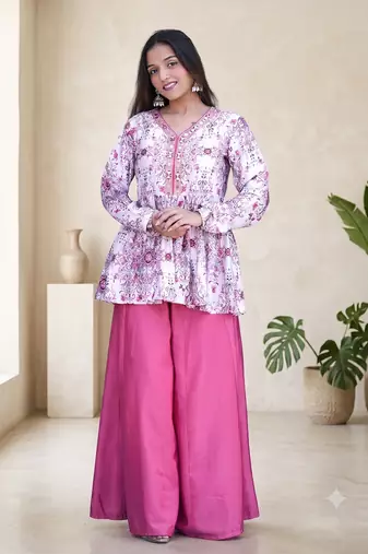 Dusty pink floral printed short kurti set with wide-leg flared palazzo