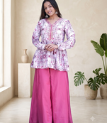 Dusty pink floral printed short kurti set with wide-leg flared palazzo