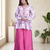 Dusty pink floral printed short kurti set with wide-leg flared palazzo