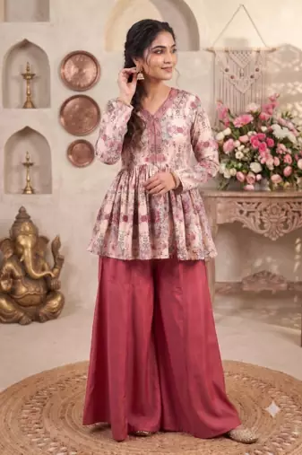 Rust red floral printed peplum kurti with matching flared palazzo set