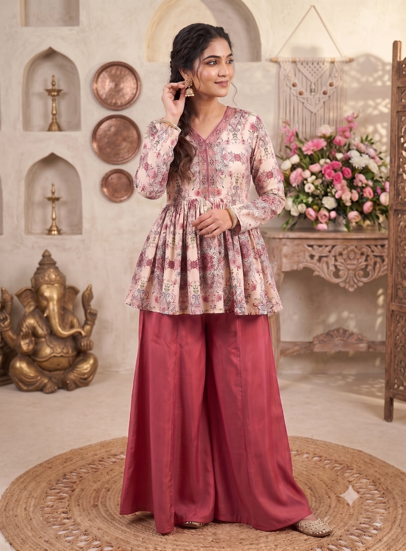 Rust red floral printed peplum kurti with matching flared palazzo set