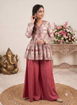 Rust red floral printed peplum kurti with matching flared palazzo set 2