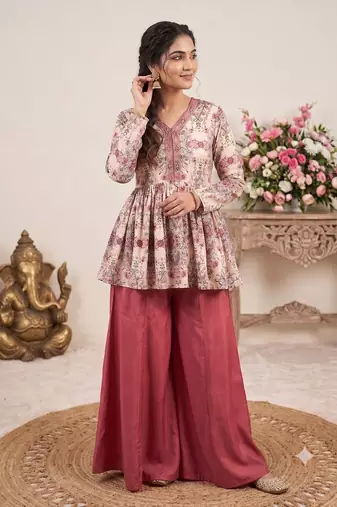 Rust red floral printed peplum kurti with matching flared palazzo set