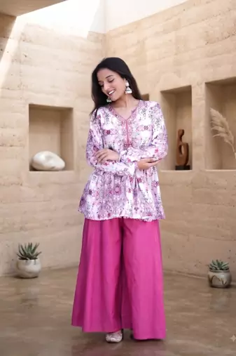 Dusty pink floral printed short kurti set with wide-leg flared palazzo