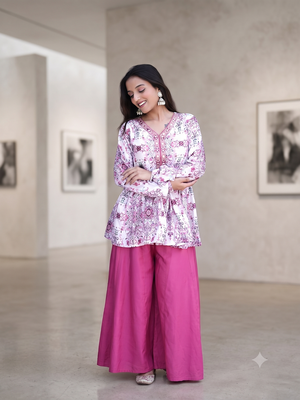 Dusty pink floral printed short kurti set with wide-leg flared palazzo 2