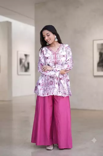 Dusty pink floral printed short kurti set with wide-leg flared palazzo