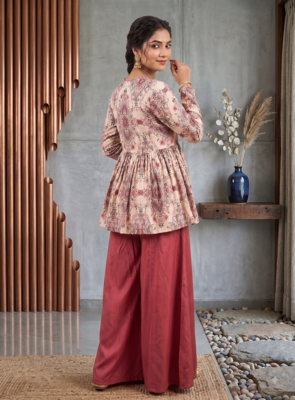 Rust red floral printed peplum kurti with matching flared palazzo set 3