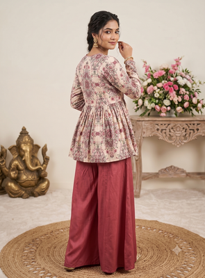 Rust red floral printed peplum kurti with matching flared palazzo set 3