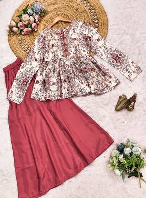 Rust red floral printed peplum kurti with matching flared palazzo set 4