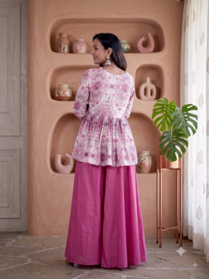 Dusty pink floral printed short kurti set with wide-leg flared palazzo 3