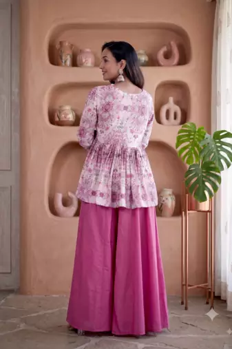 Dusty pink floral printed short kurti set with wide-leg flared palazzo