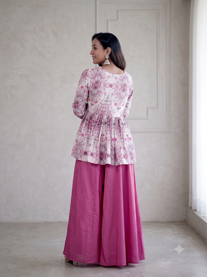 Dusty pink floral printed short kurti set with wide-leg flared palazzo 3