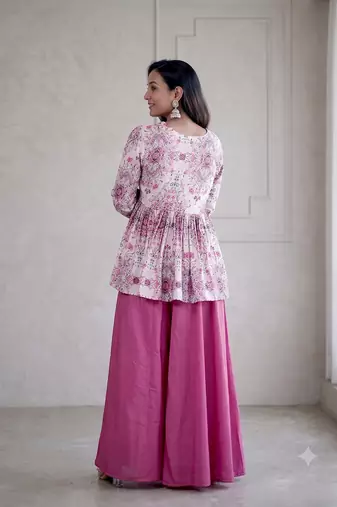 Dusty pink floral printed short kurti set with wide-leg flared palazzo