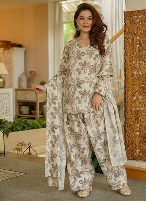 Floral printed pure cotton v neck kurta trouser & dupatta set 1