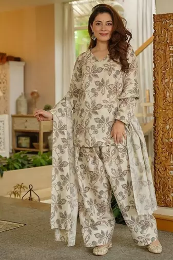 Floral printed pure cotton v neck kurta trouser & dupatta set