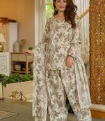Floral printed pure cotton v neck kurta trouser & dupatta set