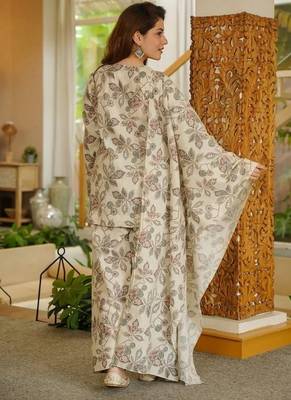 Floral printed pure cotton v neck kurta trouser & dupatta set 2