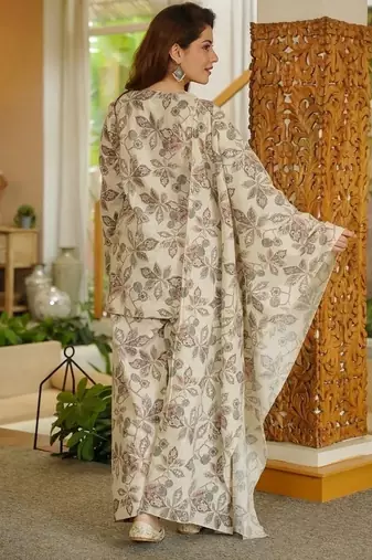 Floral printed pure cotton v neck kurta trouser & dupatta set
