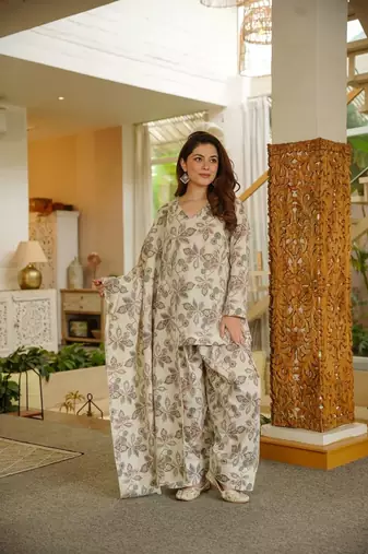 Floral printed pure cotton v neck kurta trouser & dupatta set
