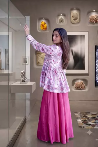 Dusty pink floral printed short kurti set with wide-leg flared palazzo