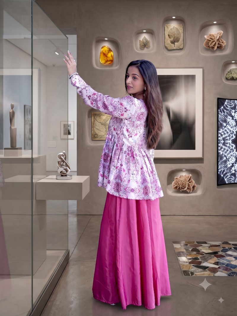 Dusty pink floral printed short kurti set with wide-leg flared palazzo