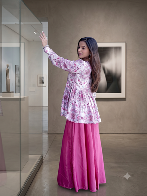 Dusty pink floral printed short kurti set with wide-leg flared palazzo 4