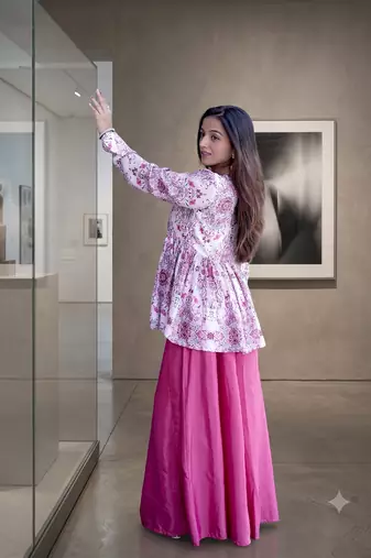 Dusty pink floral printed short kurti set with wide-leg flared palazzo