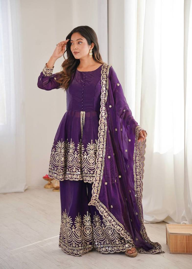 Women's Gorgeous Embroidery Fendy Silk Fabric Flared Kurta Palazzo and Dupatta Set