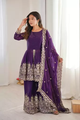 Women's Gorgeous Embroidery Fendy Silk Fabric Flared Kurta Palazzo and Dupatta Set