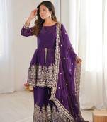 Women's Gorgeous Embroidery Fendy Silk Fabric Flared Kurta Palazzo and Dupatta Set