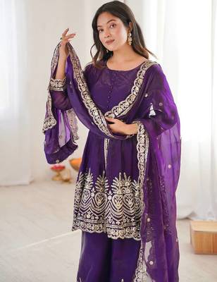 Women's Gorgeous Embroidery Fendy Silk Fabric Flared Kurta Palazzo and Dupatta Set 2