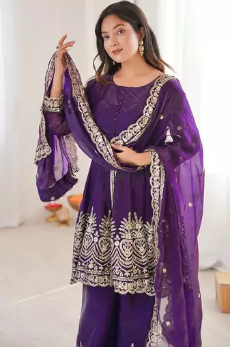 Women's Gorgeous Embroidery Fendy Silk Fabric Flared Kurta Palazzo and Dupatta Set