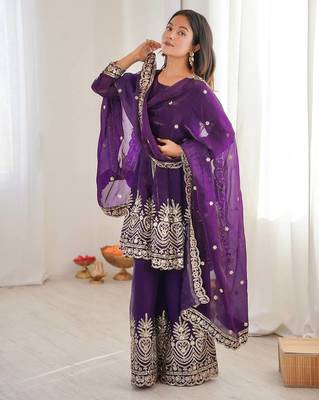 Women's Gorgeous Embroidery Fendy Silk Fabric Flared Kurta Palazzo and Dupatta Set 3