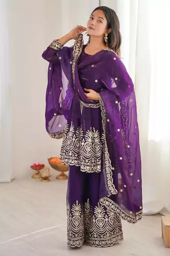 Women's Gorgeous Embroidery Fendy Silk Fabric Flared Kurta Palazzo and Dupatta Set