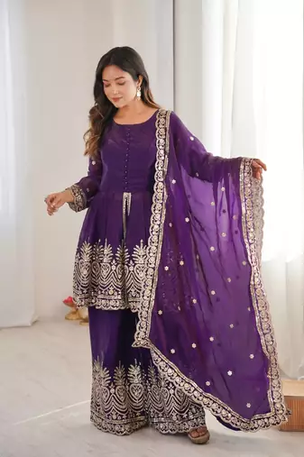 Women's Gorgeous Embroidery Fendy Silk Fabric Flared Kurta Palazzo and Dupatta Set