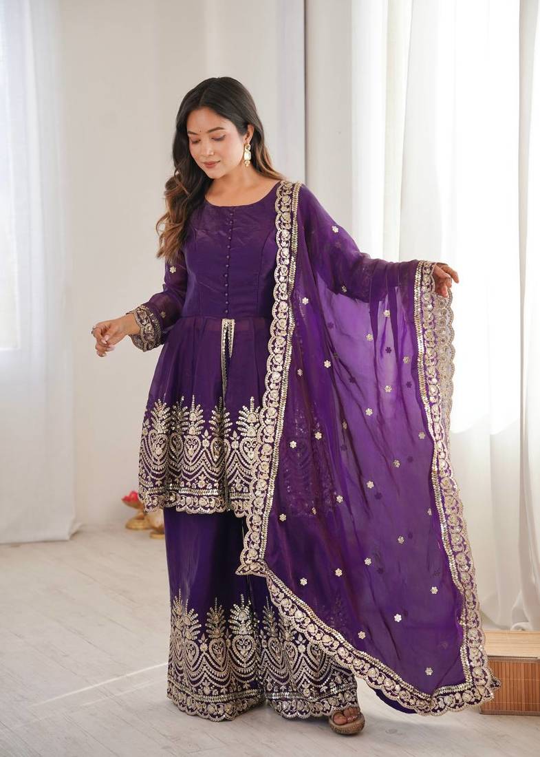 Women's Gorgeous Embroidery Fendy Silk Fabric Flared Kurta Palazzo and Dupatta Set